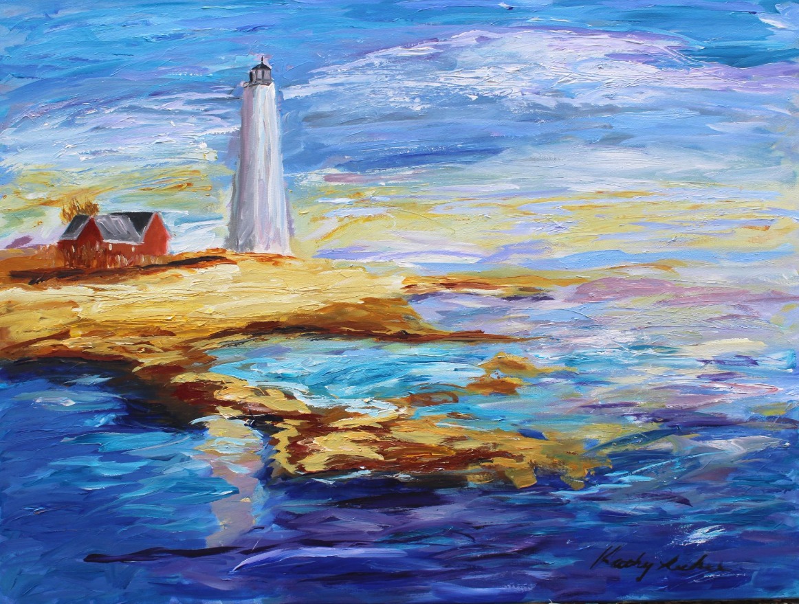 Coastal Connecticut 40x30 fine art painting on acylic of a lighthouse on the Connecticut coast