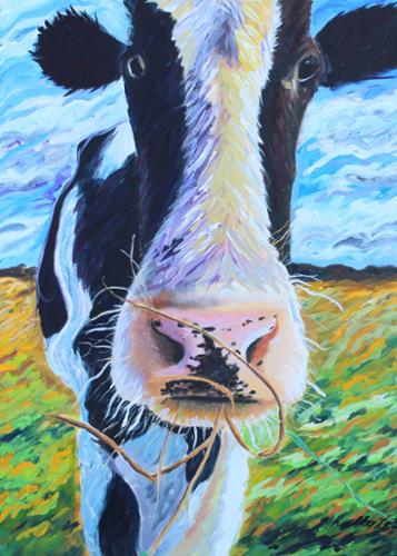 18 x 24 acrylic on canvas of a cow on a country farm. Selling for $800 includes shipping.
