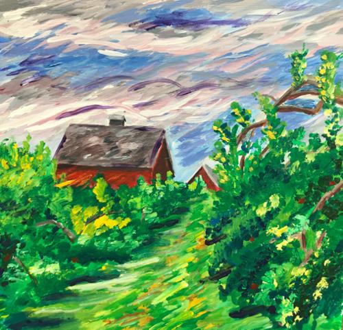 10 x 10 acrylic on gesso board. Apple orchard on Massachusetts apple farm.