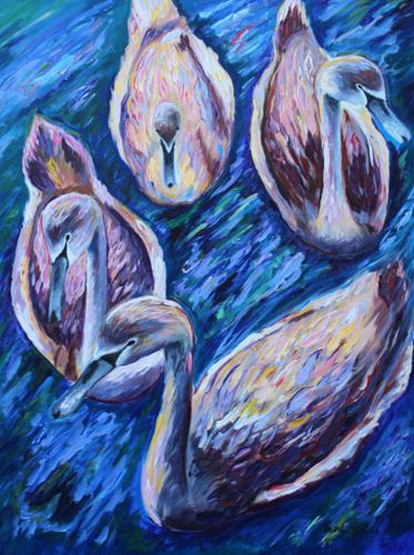30 x 40 Acrylic on Canvas painting of a group of baby swans on a bay. $2,000