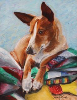 Bunny Dog portrait. A 16x20 acrylic on canvas of a mixed breed Corkie dog portrait. 
