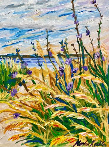 9 x 12 Acrylic on Canvas painting of Jones Inlet at Point Lookout beach, New York. With seagrass and local fauna growing in the foreground. Sold but prints available.