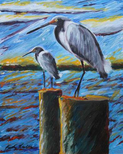 10 x 12 acrylic on gesso board. Two egrets sitting on pilings on the back bay of Long Island, New York., includes shipping.