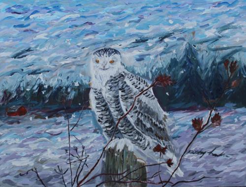 24 x 18 Acrylic on canvas of a snowy Owl perching on a fence post. Painted in an impressionistic style emphasizing heavy brush strokes. Sold but prints available.