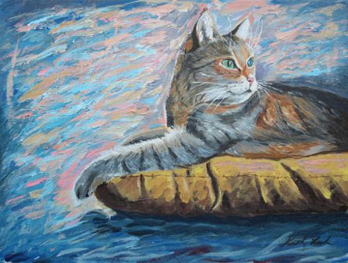 20x16 Acrylic on canvas of a cat laying on a pillow, pet portrait.