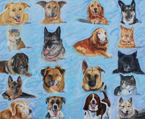 34 x 28 acrylic on canvas of multiple cats and dogs.