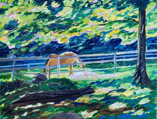 20 x 18 Acrylic on board. A horse grazing in a field on a morning summer day at Rising Starr Horse Rescue. $800.00, includes shipping.