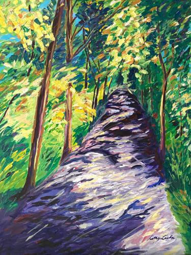 A 20 x 24 acrylic on canvas of a walking trail I found in Connecticut in Wilton. Loved the way the shadows fell onto the trail with the sun hitting the leaves.