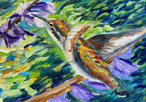 A 7 x 5 acrylic on canvas of a Hummingbird drinking nectar from a flower. Sold but prints available.