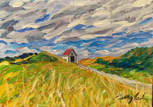 A 7 x 5 acrylic on canvas of a desolate landscape with grass blowing in the breeze. $250.00