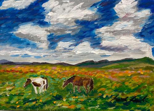 A small 7 x 5 acrylic on canvas painting in an impressionistic style of two horses lazily grazing in a field on a summer morning. $250.00