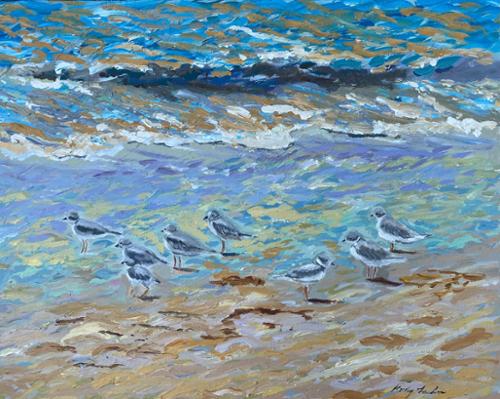 30 x 24 Acrylic on canvas of Plover birds running on the shoreline. Sold but prints available.