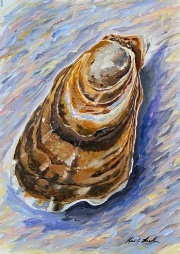 11x17 Mixed media on paper of an Oyster shell on a sandy beach.