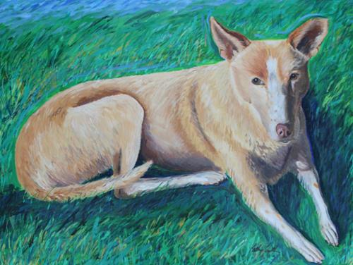 40x30 acrylic on canvas of a dog laying on grass.