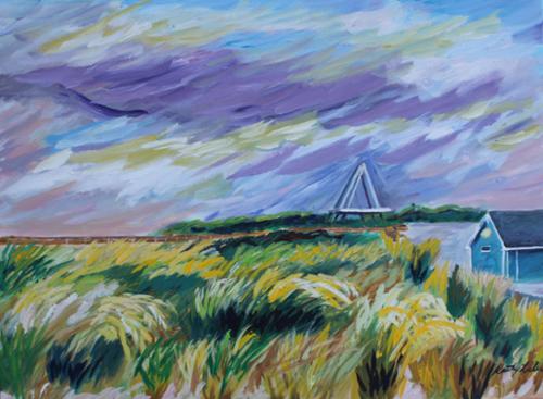 24 x 18 Acrylic on Canvas. A view of the beautiful white sandy beach of Point Lookout, New York, facing toward the pavilion. Sold but prints available.