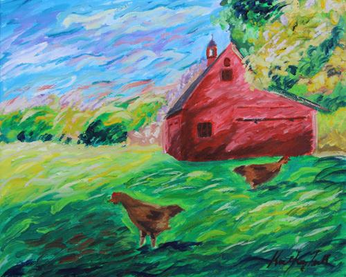 A 12 x 10 Acrylic on Canvas painting of a red barn on a farm with chickens. $450, includes shipping.
