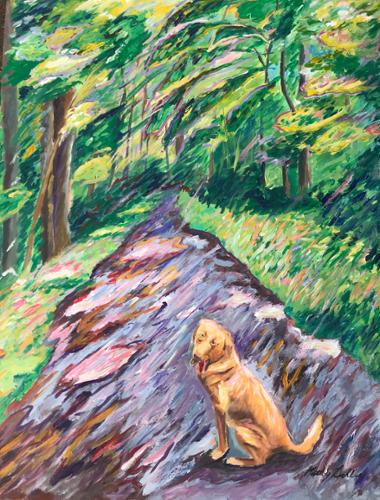 This painting is sold but prints are available.  28 x 36 acrylic on canvas. Rex on a walking trail, waiting for his owner Cal and Theresa  to catch up.