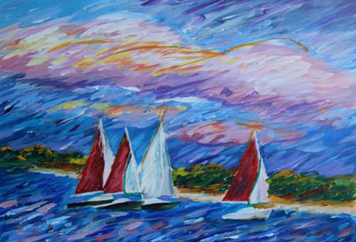 10 x 8 acrylic on gesso board of sail boats sailing on the water. $500, includes shipping.