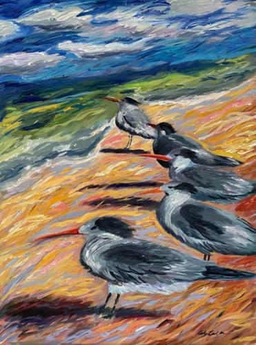30 x 40 Acrylic on canvas painting of Terns sitting on the shoreline. $2000.00, includes shipping.